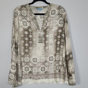 Vintage Johnny Was 100% Silk Blouse Top Size L Geometric Artsy Long Sleeve